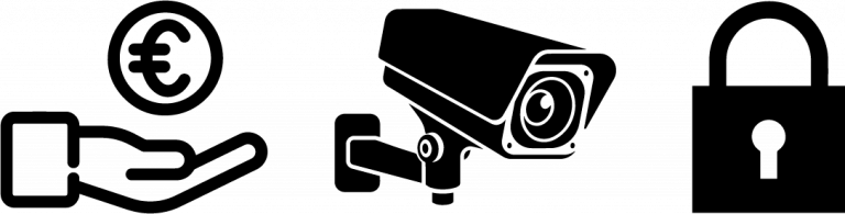 3 pictogrammes représentant une main, une caméra de surveillance et un cadenas